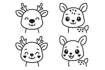 Cute Cartoon Deer Icons. Line style icons of cute cartoon deer: deer with round nose, smiling eyes, baby cheeks, cartoon antlers;