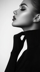 A striking black-and-white portrait of a woman gracefully posing, highlighting her profile and elegant features.