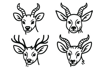 Deer-Antelope Line Icon. Line style icons of deer and antelope hybrids: deer with spiral horns, antelope with wide antlers,
