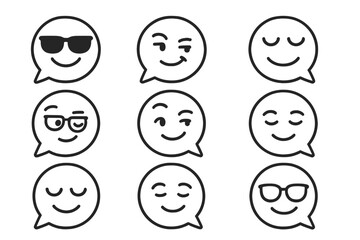 Stylish Emoji Icons. Line style icons of cool emoticons in speech bubbles: sunglasses face, smirking mouth, chill eyes, confident