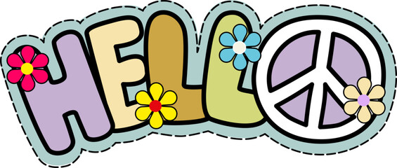 Colorful word Hello with a peace symbol, cheerful and hippie-style message, retro or fun theme