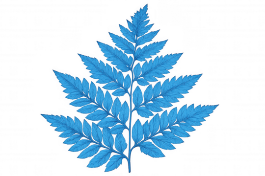 Detailed illustration of a blue fern leaf, isolated on a transparent background, showcasing the intricate structure of its fronds