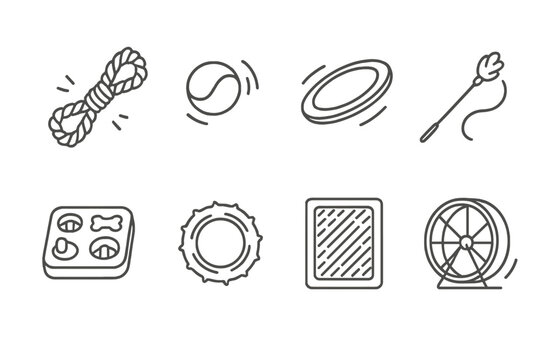 Pet Playtime Icons. Line style icons of pet playtime items: tug rope, bouncing ball, frisbee, teaser wand; puzzle feeder, chew