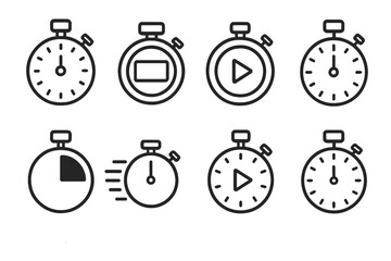 Stopwatch Icon Collection. Line style icons of stopwatch symbols: classic stopwatch, digital stopwatch, start button icon,