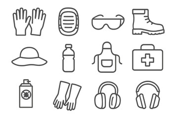 Garden Safety Gear Icons. Line style icons of garden safety gear: gloves, knee pads, safety glasses, work boots; sun hat, water