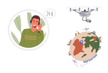 Customer support agent wearing a headset, quadcopter with camera in motion, world map with pins, transportation icons. Ideal for delivery tracking, support, innovation, global communication, logistics