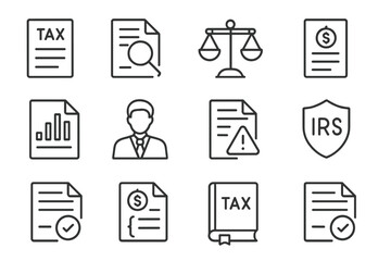 Tax Law Icons. Line style icons of tax and finance law: tax form, audit document, financial statement, dollar scale; income report
