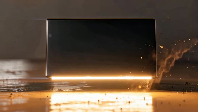 A powerful surge of luminous energy emanates from beneath a dark, sleek monolith, creating a dramatic explosion of glowing particles and light