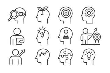 Business Mindset Icons. Line style icons of business mindset: focus icon, growth head, target brain, gear in head; problem-solver