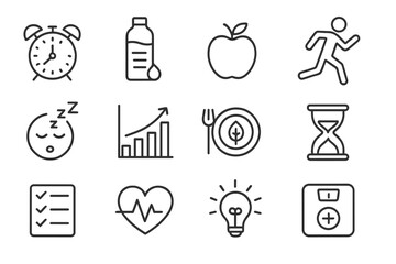 Healthy Habit Icons. Line style icons of healthy habits: alarm clock, water tracker, apple, running figure; sleeping icon,
