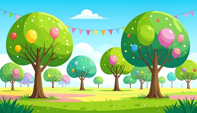 Park scene with colorful trees and balloons - Powered by Adobe