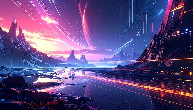 Colorful alien landscape with vibrant streaks