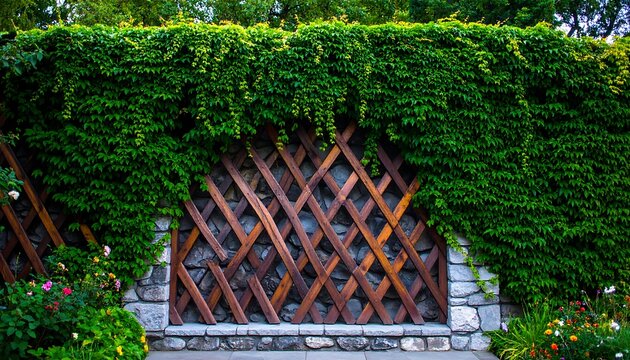 Lush green vines cover a rustic wooden trellis set within a stone wall, creating a vibrant natural backdrop
