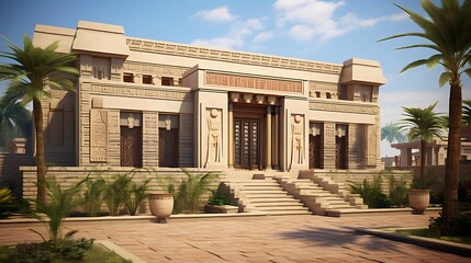 Magnificent Egyptian Style Building Exterior with Architectural Detail and Lush Palm Trees against