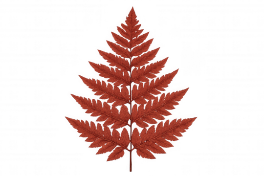 Crimson autumn fern leaf displaying vivid coloration, backlit with transparent background, highlighting botanical detail and seasonal warmth