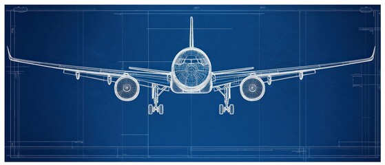 Airplane blueprint technical drawing of passenger aircraft front view