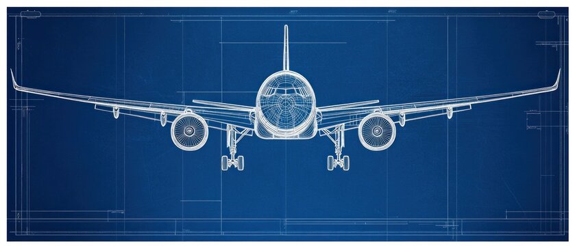 Airplane blueprint technical drawing of passenger aircraft front view