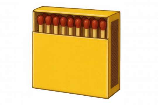 Matchbox opened, wooden matches inside, transparent backdrop highlighting striking potential for creative moments