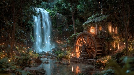 Enchanted forest landscape with a waterfall and a charming watermill cottage scene