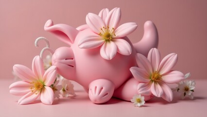 Pink Elephant Figurine surrounded by Flowers on Pink Background