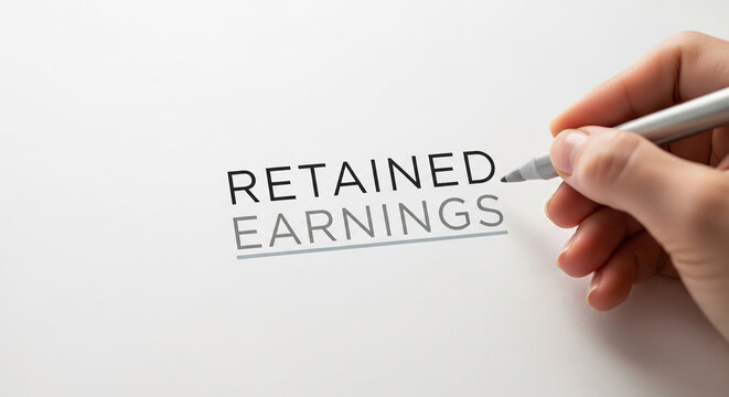 Close-up of hand writing "Retained Earnings" on white paper, showcasing financial concept, ideal for business or finance related content, offering free space for text