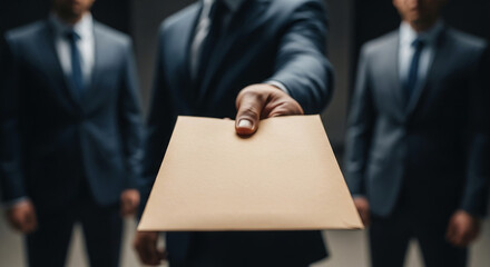 Close-up of beige envelope offered by businessman, two colleagues blurred in background, suggesting business transaction, deal, or secret information