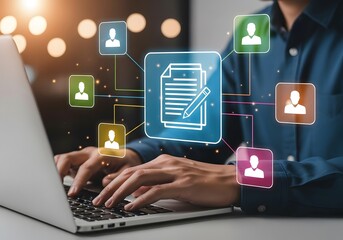 Hands Typing on Silver Laptop with Abstract Digital Interface Overlay: A Professional Depiction of Modern Connectivity, Technological Integration, and the Evolving Landscape of Remote Work.