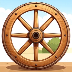 Wooden wagon wheel, light brown, eight spokes, desert background