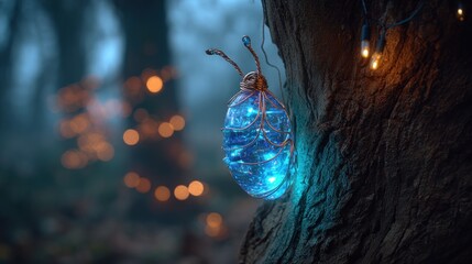 Magical glowing insect-shaped light on tree bark in a whimsical forest scene