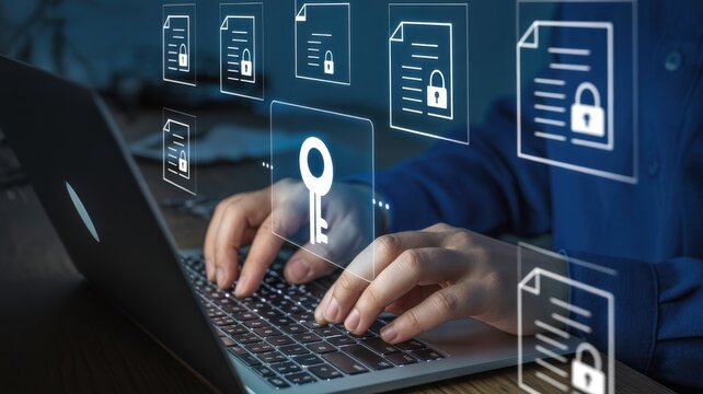 Cyber Security and Data Protection: A person engages with a laptop, the screen reflecting the essence of cybersecurity and data protection.