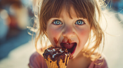 A close-up shot of a child with a chocolate ice cream cone, a messy face, and pure joy in their eyes.
