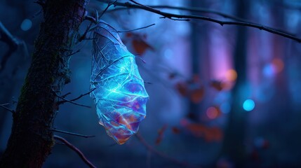 Enchanting glow cocoon hanging on a tree branch in a mystical ethereal forest with colorful light