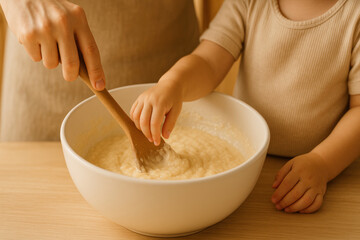 Baking preparation mixing dough process homemade scene child helping stir batter with adult hand creating warm kitchen moment