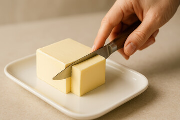 Baking preparation mixing dough process homemade scene butter block being sliced on plate with knife in kitchen creating warm inviting atmosphere