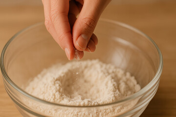 Baking preparation mixing dough process homemade scene salt pinch over flour in glass bowl as hand seasons and shapes mixture creating warm inviting kitchen moment