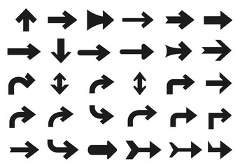 A comprehensive collection of various black arrow icons and pointers, useful for design, navigation, and directional indications in digital and print media projects