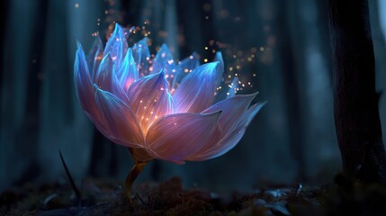 Mystical glowing lotus flower with enchanting light particles in a serene forest environment