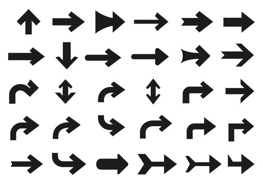A comprehensive collection of various black arrow icons and pointers, useful for design, navigation, and directional indications in digital and print media projects