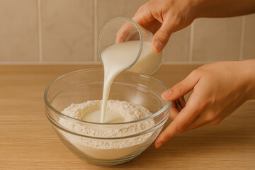 Baking preparation mixing dough process homemade scene pouring milk into flour bowl creating batter with hands and glass jug in kitchen warm wooden counter natural light