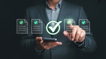 Digital Approval: A professional's hand interacts with a virtual interface, symbolizing approval of documents with a green checkmark, conveying assurance and efficient workflow.