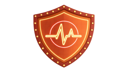Orange Shield with Neon Heartbeat Pulse Symbol and Lights on Black protection safety cutout png AI isolated on a transparent background