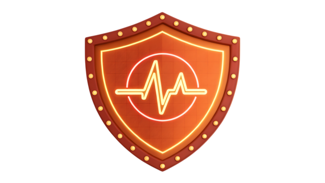 Orange Shield with Neon Heartbeat Pulse Symbol and Lights on Black protection safety cutout png AI isolated on a transparent background - Powered by Adobe