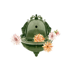 Watercolor Hand Drawn Vintage Green Wall Fountain with Dahlia Flowers for Garden and Interior Decor