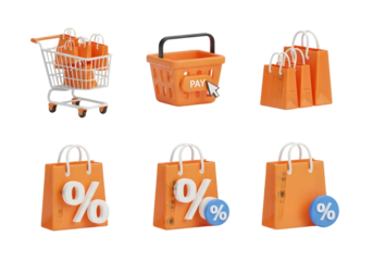 Collection of orange shopping icons including a cart baskets and bags with percentage and globe symbols for e-commerce and retail promotions Tansparent Background