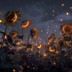 Enchanted Sunflower Field at Twilight with Glowing Lights Illuminating the Night Landscape