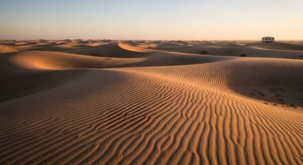 Naklejka premium Desert sand dunes landscape scenic travel destination adventure rv vehicle golden hour sunlight horizon view