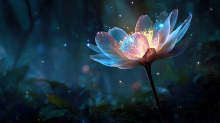 Enchanting ethereal lotus flower radiating magical luminescence in a mystical garden