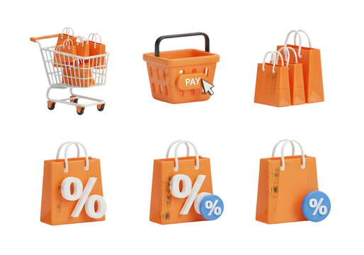 Collection of orange shopping icons including a cart baskets and bags with percentage and globe symbols for e-commerce and retail promotions Tansparent Background