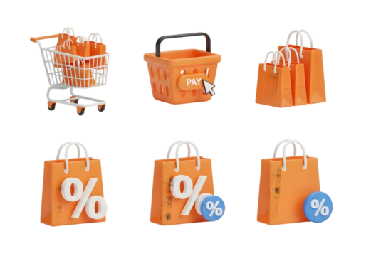 Collection of orange shopping icons including a cart baskets and bags with percentage and globe symbols for e-commerce and retail promotions Tansparent Background
