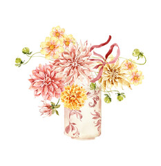 Watercolor Hand Drawn Dahlia Floral Bouquet with Ribbons in Vintage Ceramic Vase Isolated, Spring Arrangement